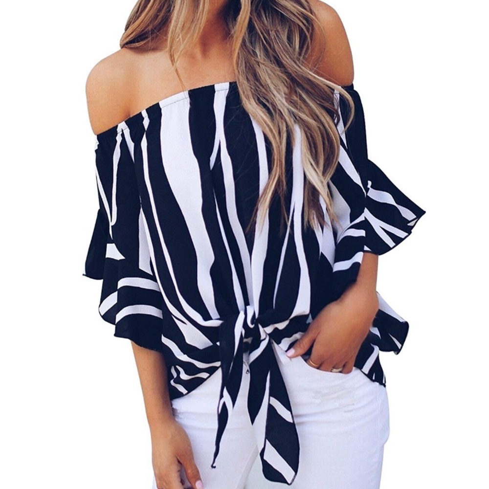 Womens Striped Off The Shoulder Tieknot blouse top